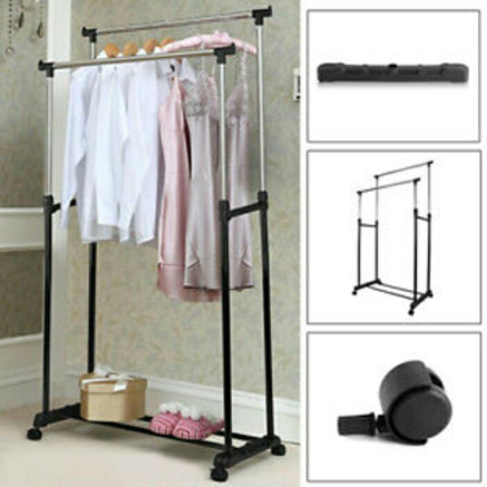 Rak gantungan baju/ jemuran roda berbahan chrome, pvc, steel yang didesain modern serta dilengkapi dengan 4 buah roda untuk memudahkan Anda dalam menyimpan baju kesayangan Anda dengan rapih, multifunctional clotes rack, bahan import kualitas bagus
