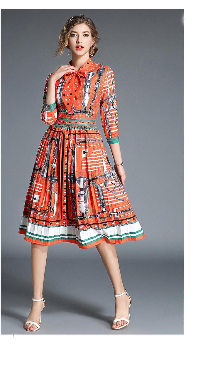 Autumn New Elegant Runway Dress Women Wild Sweet Bow Collar Half Sleeve Printing Vintage Casual Slim Pleated Long Dress