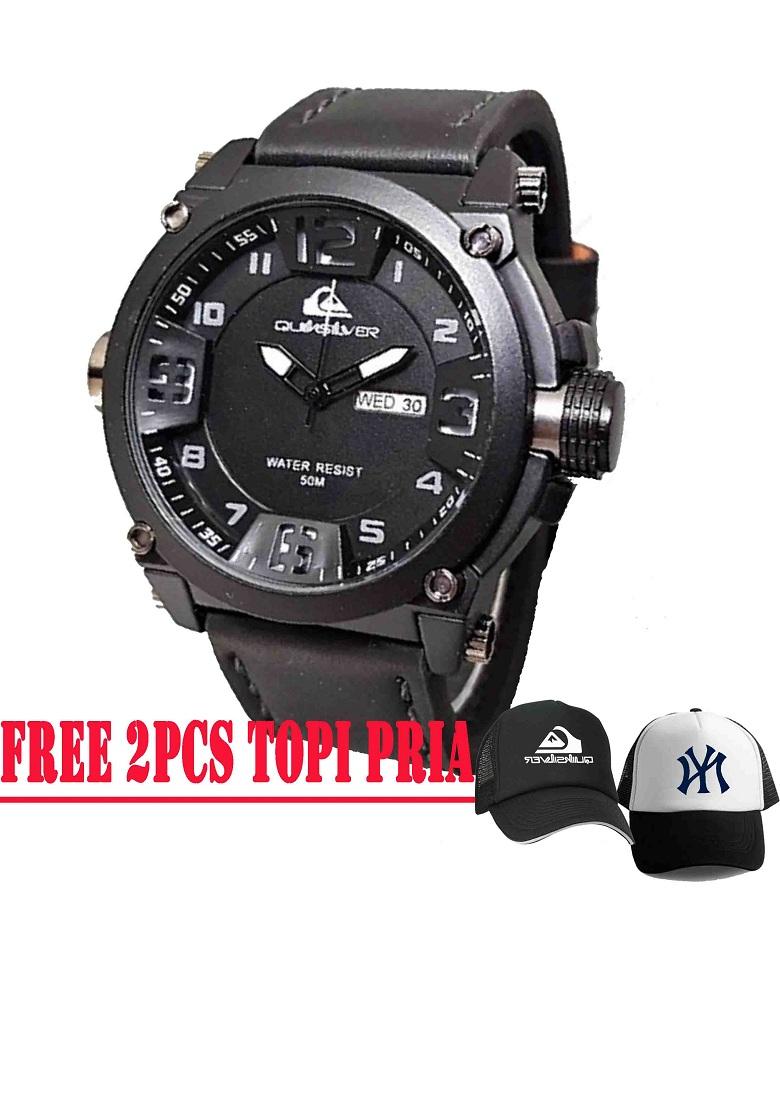 Quiksilver Outdoorwatch - Jam Tangan Sport / Kasual Pria - Genuine Leather Strap / Tali Kulit - Bonus 2pcs topi