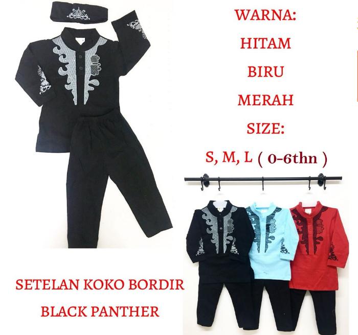 TotallyGreatShop Setelan Koko BLACK PANTHER WARNA Bordir + Topi 0-6 tahun Elegan dan Keren - Baju Anak Black Panther - Baju Koko Anak Baju Lebaran Pria Black Panther - Gamis Anak Black Panther JUMBO BIG SIZE - ihblackpanther