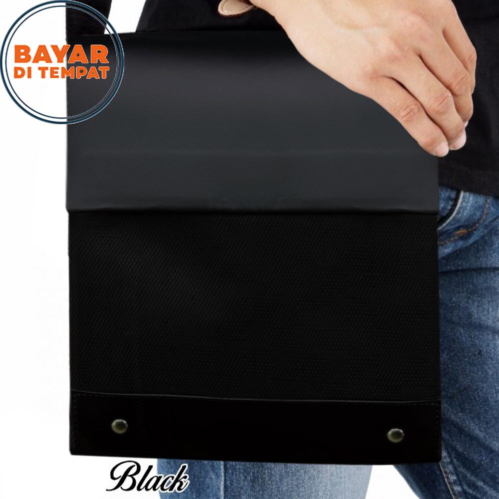 Tas Pria Tas Selempang Pria Tas Selempang Kulit Tas Kerja Tas Gadget Tas Ipad Tas Notebook Tas Kulit PU Mix Material Nylon M9801 Size 10 Inchi Waterproof - Hitam