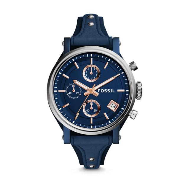 Fossil Boyfriend Chronograph - Jam Tangan Wanita - Biru Navy - Tali Kulit - ES4113