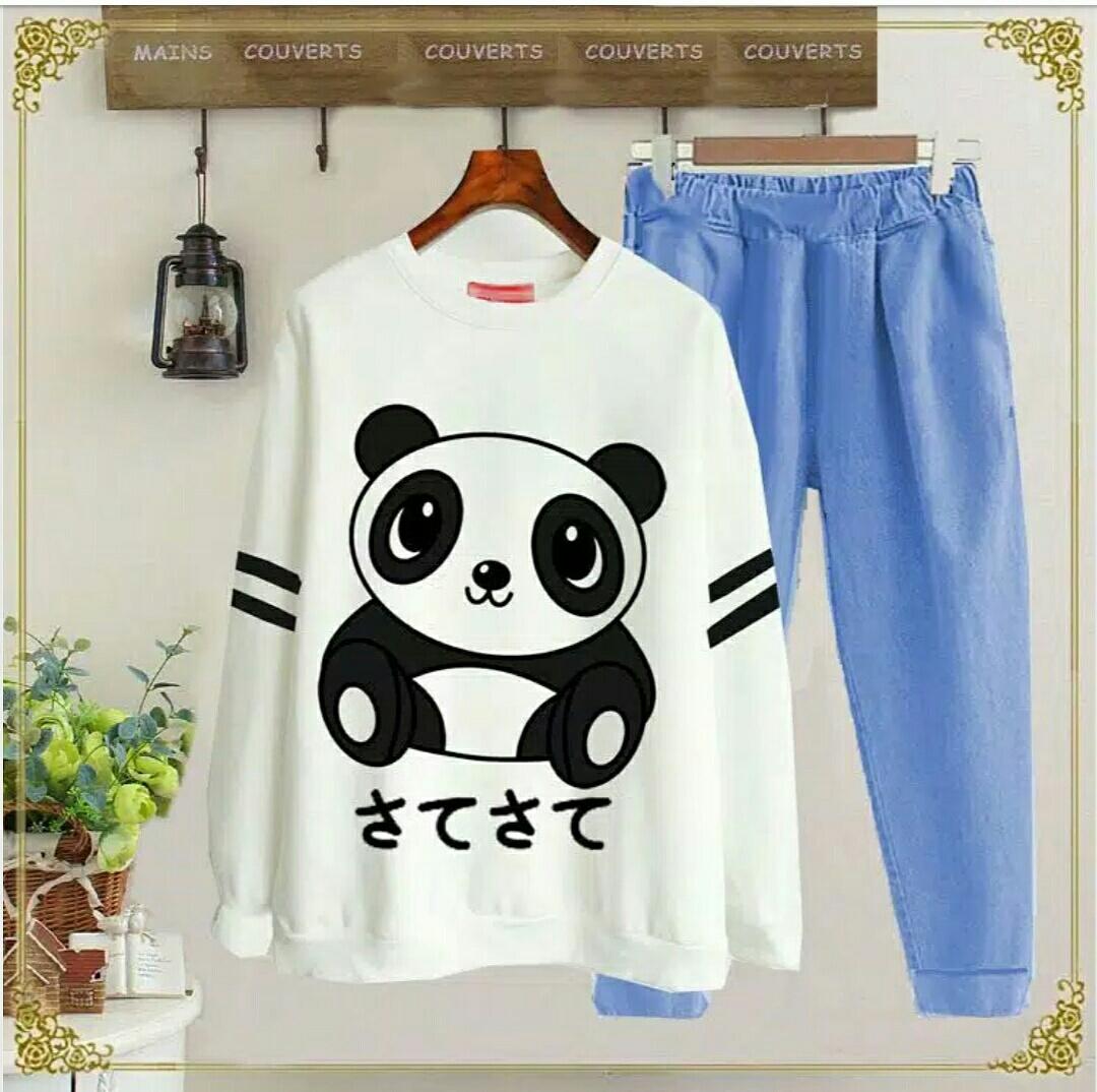 J&C Setelan Panda Denim / Setelan Kaos Wanita / Setelan Wanita / Baju Santai / Kaos Cewek / Celana Panjang Wanita/ Kaos Panjang Wanita / Celana Joger Wanita / Setelan Celana Jogger