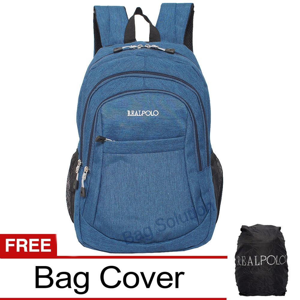 Real Polo Tas Ransel Laptop Kasual - Tas Pria Tas Wanita HCBE Backpack Up to 15 inch Bonus Bag Cover - Biru