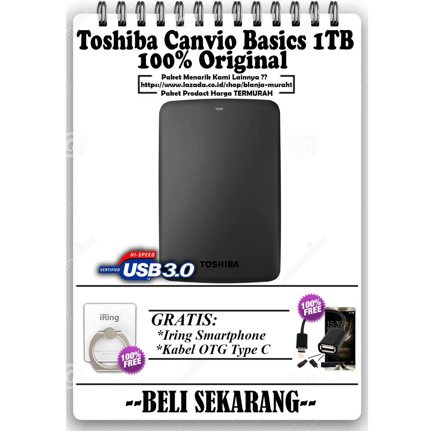 PROMO! Hardisk Eksternal 1TB Toshiba Canvio Basics - GRATIS Usb OTG Type C & Iring Stand HP/Tablet