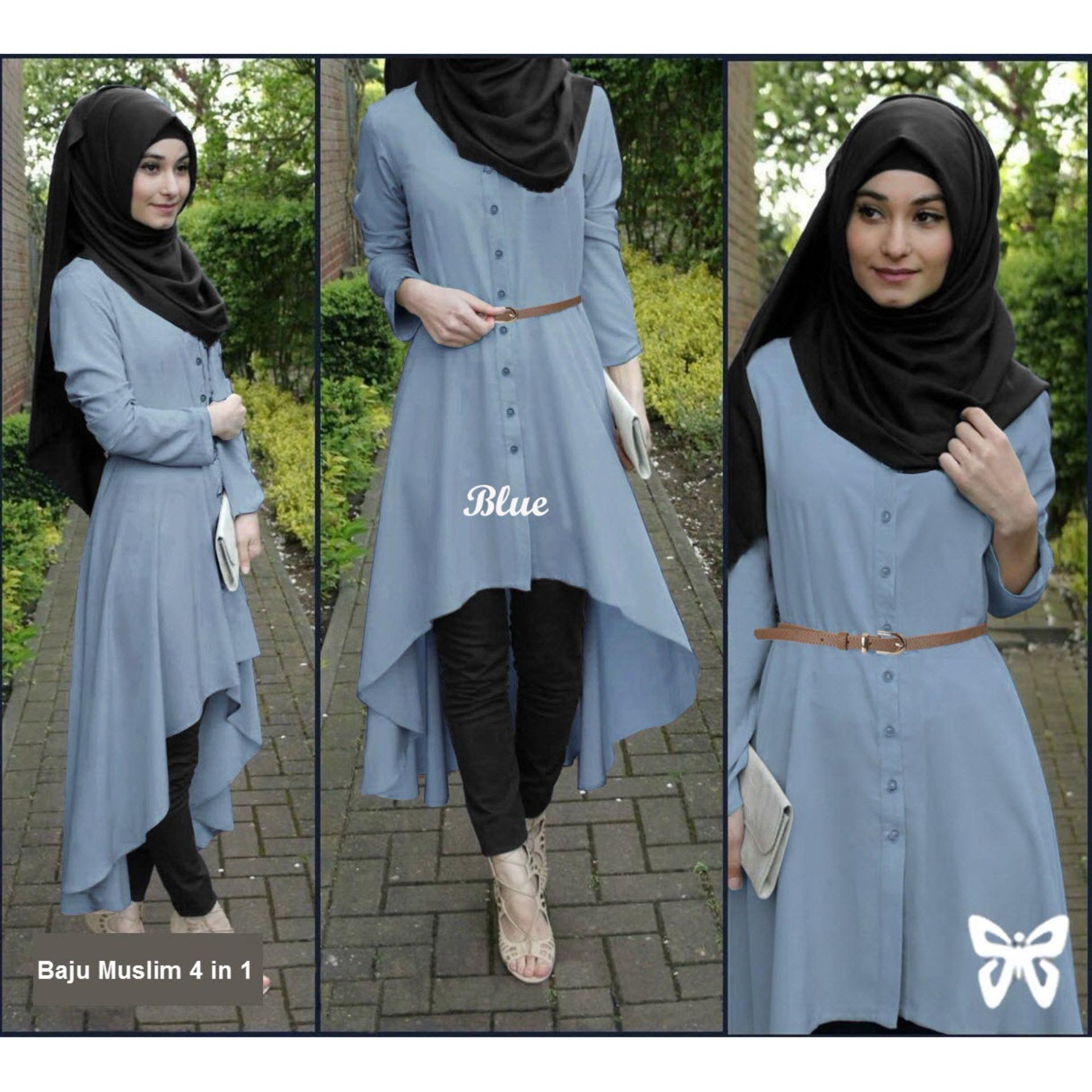 Flavia Store Baju Muslim Wanita Set 4 in 1 FS0695 - BIRU / Setelan Muslimah / Stelan Gamis / Hijab / Atasan Blouse Terusan Kemeja Tunik Lengan Panjang Bawahan Celana / Srsafira