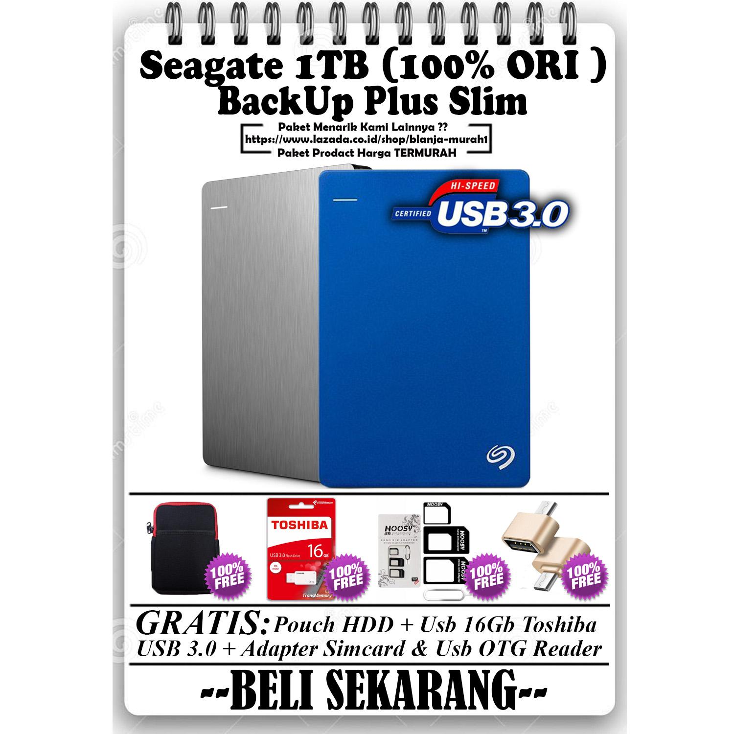 Seagate Backup Plus Slim 1TB - HDD - HD - Hardisk External 2.5 - GRATIS Usb Flashdisk 16Gb Toshiba Usb 3.0 + Pouch Harddisk + 4 In 1 Adapter Simcard & Usb OTG Reader