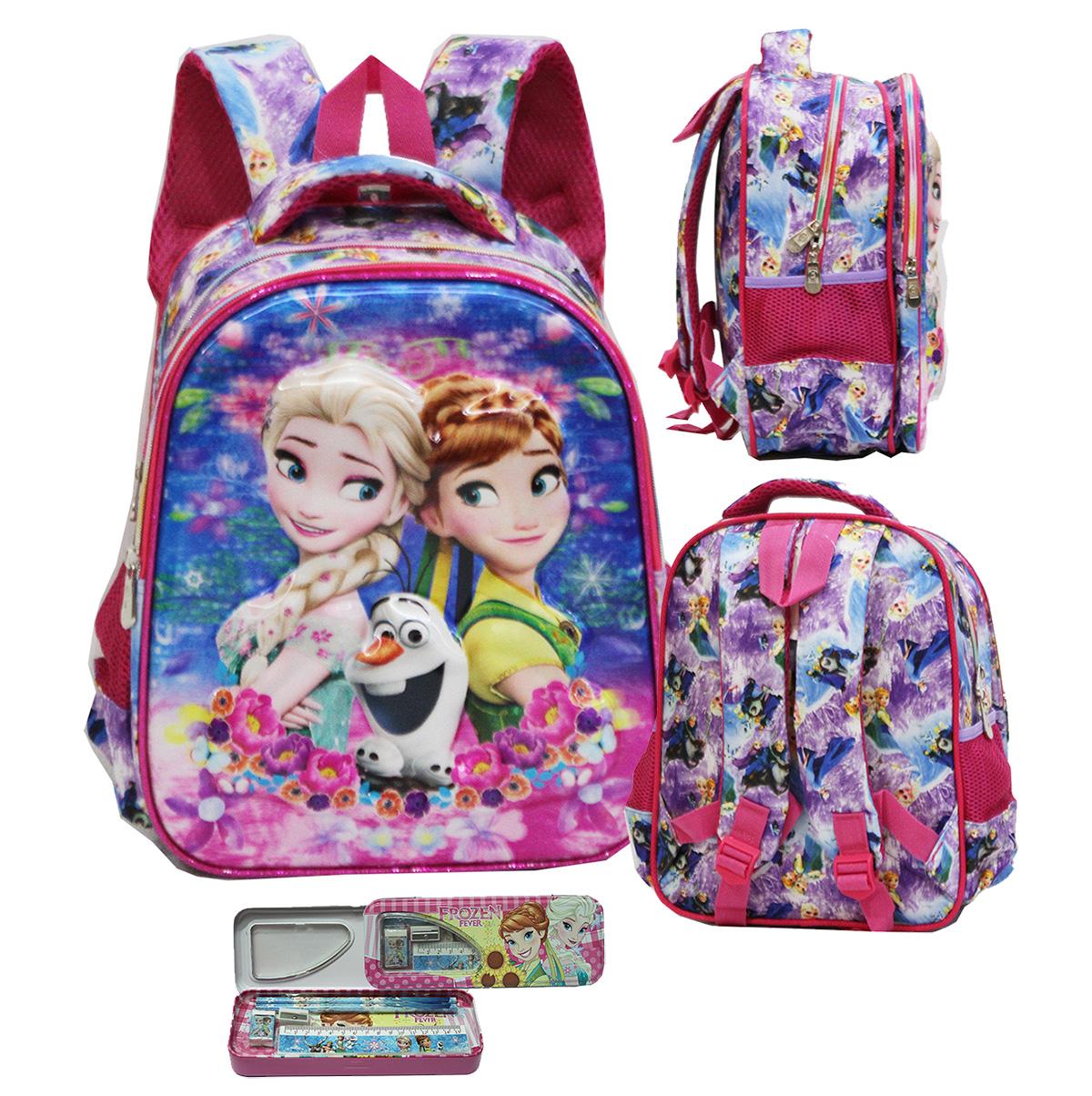 Onlan Tas Ransel Sekolah TK Atau PG Motif Anak Perempuan Frozen 5D Timbul Import + Kotak Pensil 