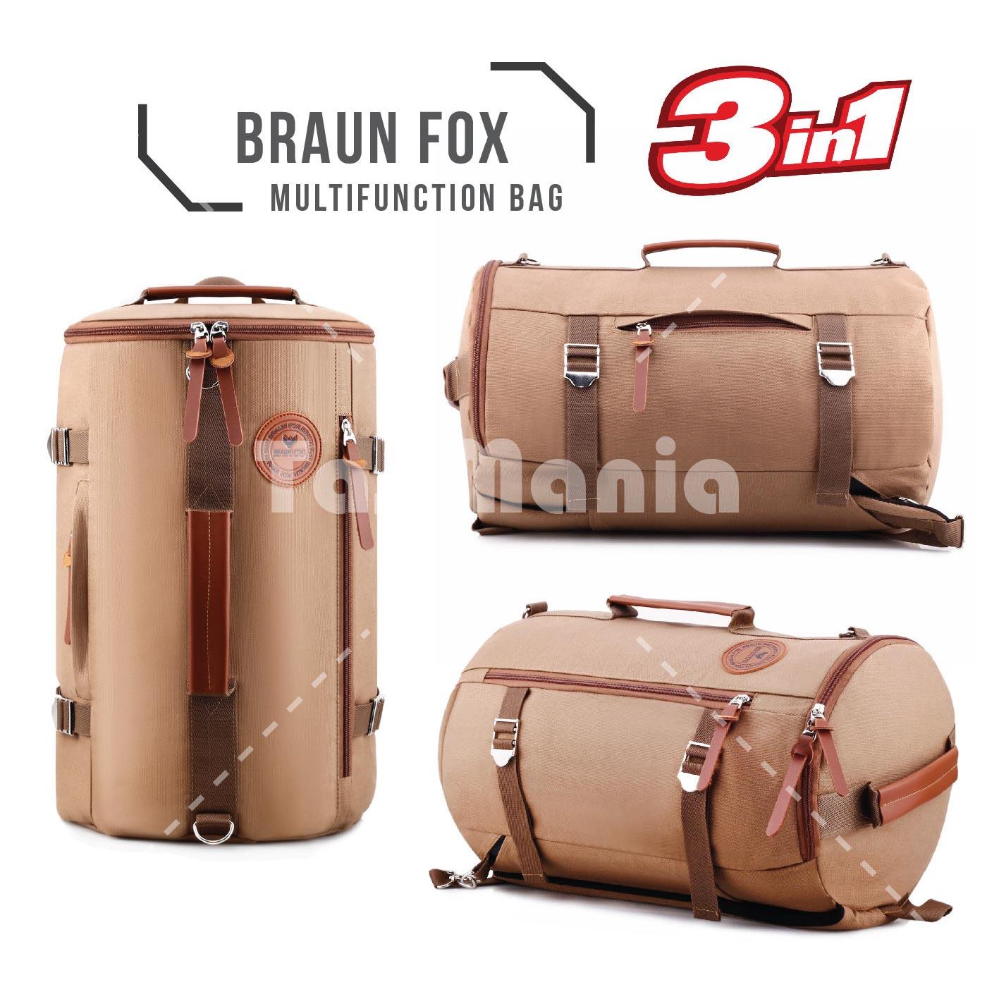 Braun Fox Tas Kanvas Tabung 3in1 Multifungsi Outdoor Man Canvas Backpacker Tas Fitness Gym Olahraga - Coklat Muda TB 31