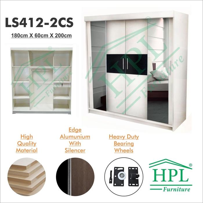 Lemari Pakaian HPL Sliding 4 Pintu Putih Strip+kaca 2 Pintu LPS-405 @ 3 pintu anak bayi kayu jati minimalis plastik gantung murah portable sliding