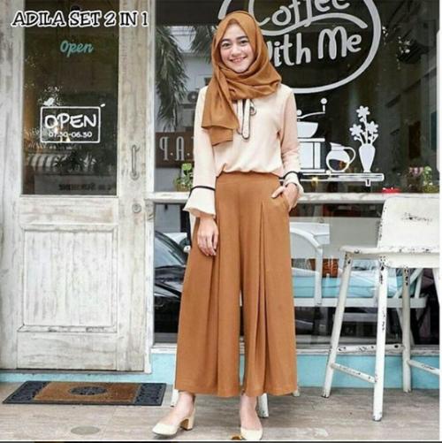 Baju Muslim Original Setelan Adila Set 2 In 1 Baju Wanita Hijab Trendy Celana + Baju Atasan Modern Modis Casual Trendy Terbaru 2018