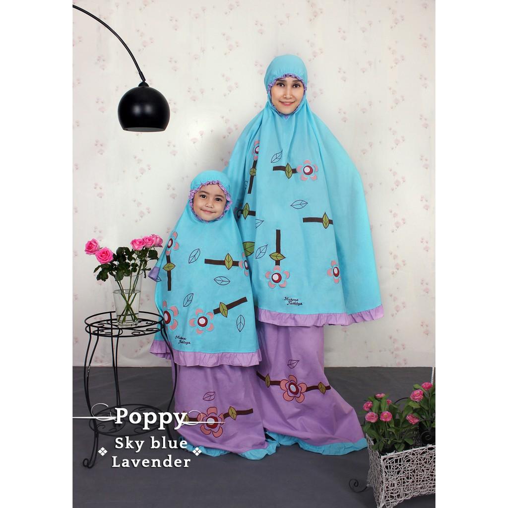 MUKENA KATUN BORDIR UNTUK ANAK atau DEWASA BISA COUPLE by FATHIYA TIPE MODEL POPPY BLUE DAN LAVENDER S untuk usia 2-3 th