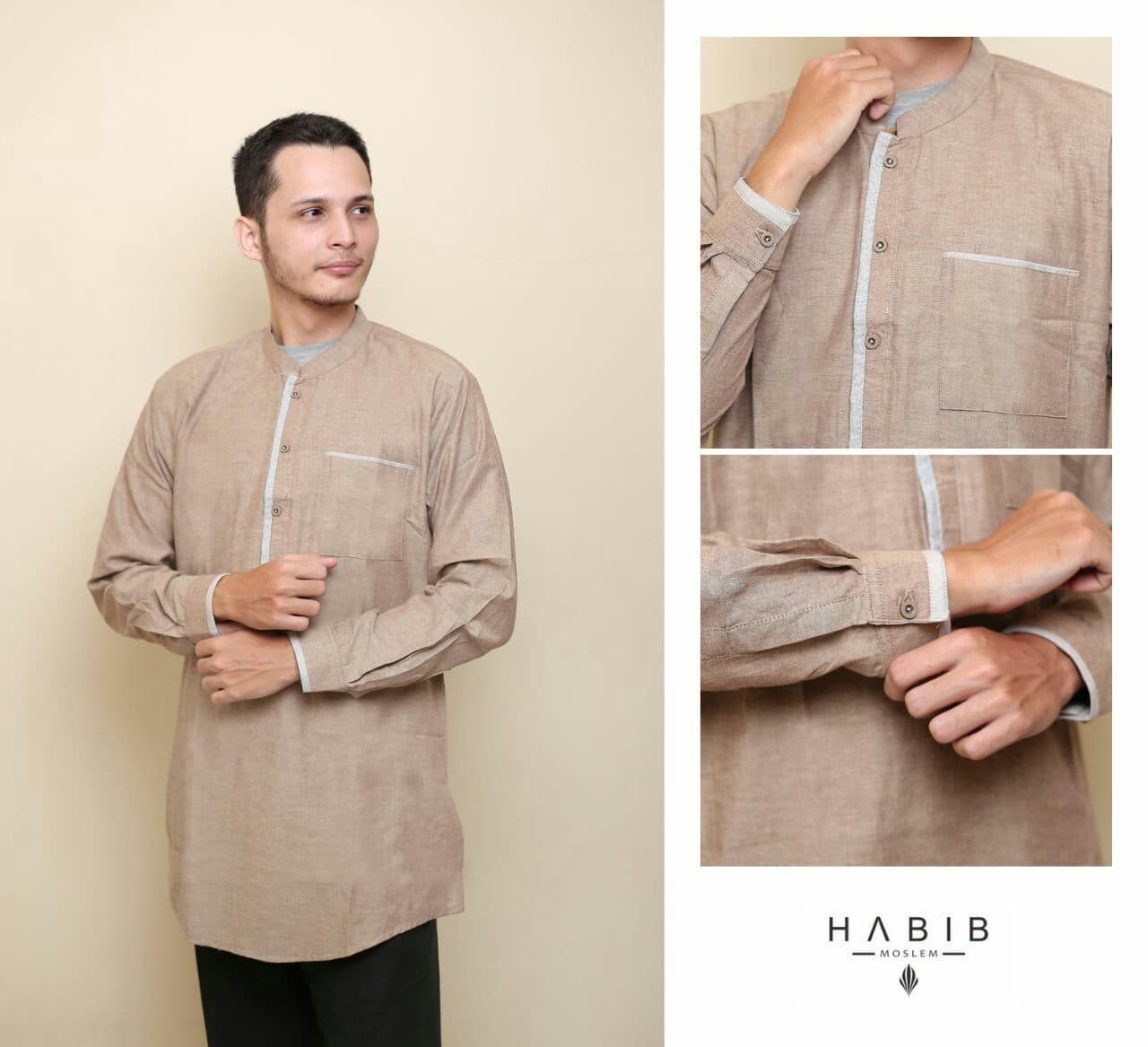 Baju Pria Kemeja Baju Koko Gaul Qurta List Habib Panjang Mocca
