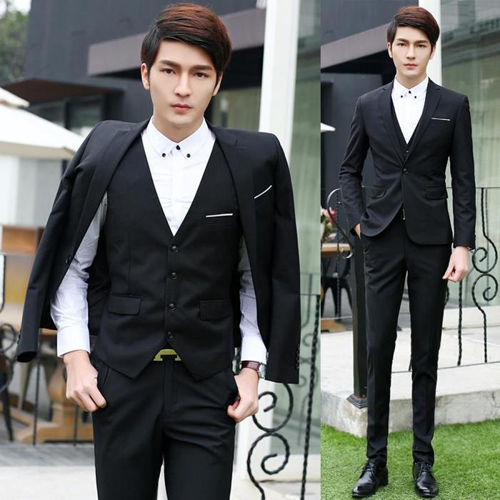 Setelan Jas Pria One Button Mode - Jas Formal Pria Fashionable - Jas Pria Stylish - Jas Pria Executive Muda ( Jas + Vest + Celana ) - Black
