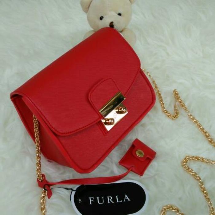 Tas Full Rantai Branded Furla Metropolis Kecil Mini 16 CM Warna Merah - Gut7rC
