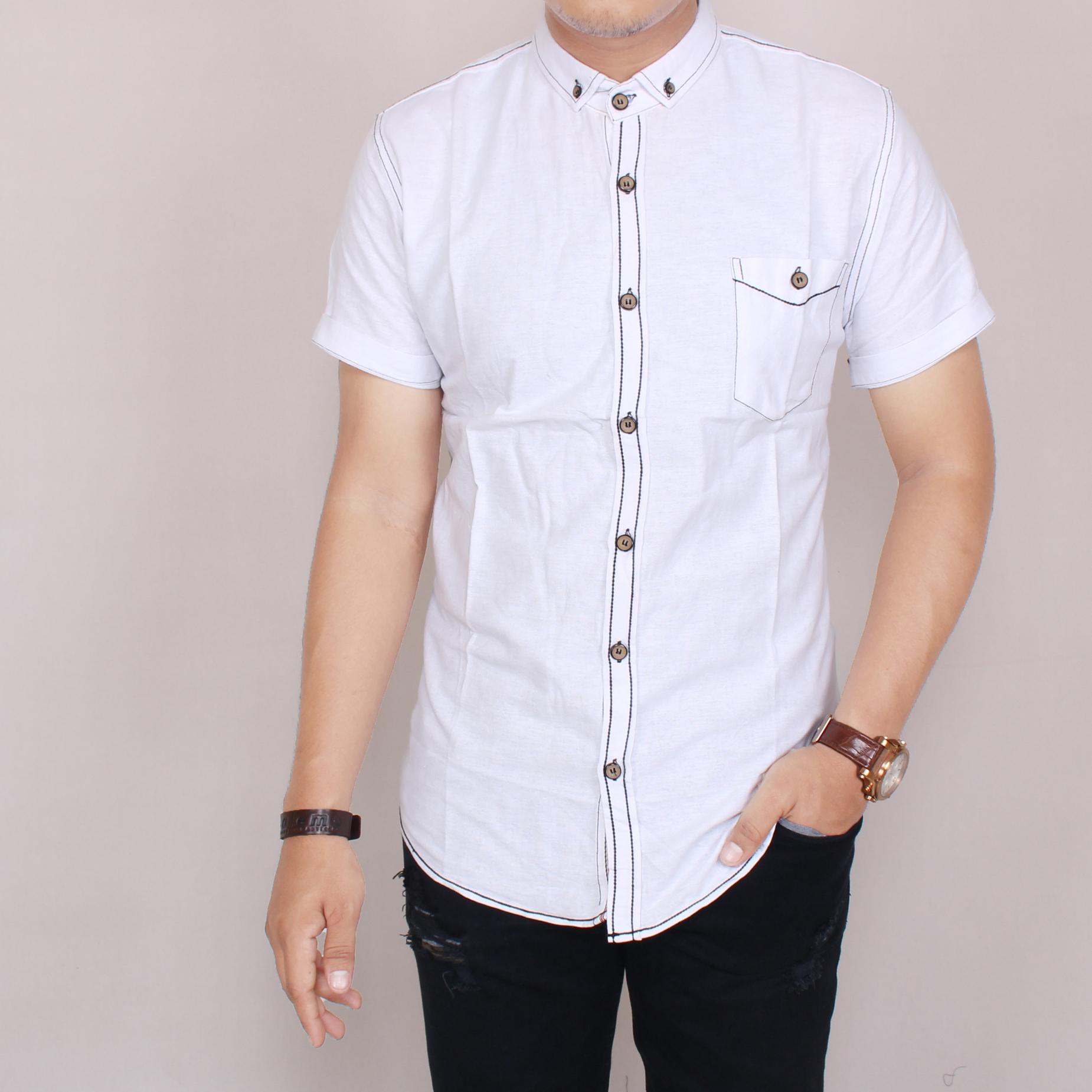Zoeystore 5852 Kemeja Polos Motif Salur Pria Lengan Pendek Exclusive Baju Kemeja Polos Cowok Kerja Kantoran Formal Kemeja Import Putih