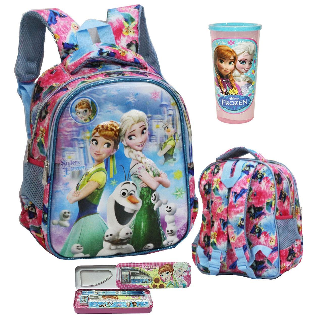 Onlan Disney Frozen Fever Salju 5D Timbul Hologram Tas Ransel TK Dua Kantung dan Kotak Pensil + Gelas Minum Anak - Purple