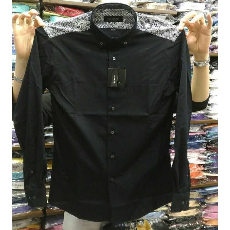 Kemeja Alisan Hitam Polos Kombinasi Pundak Slim Fit Panjang - Oihv0u
