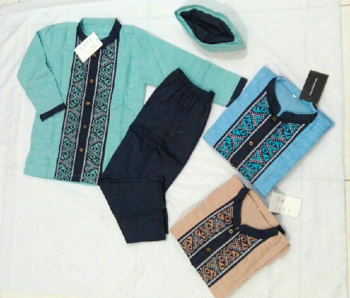 Baju Muslim Anak Setelan Koko Katun Bordir Celana Bahan Blue Jeans