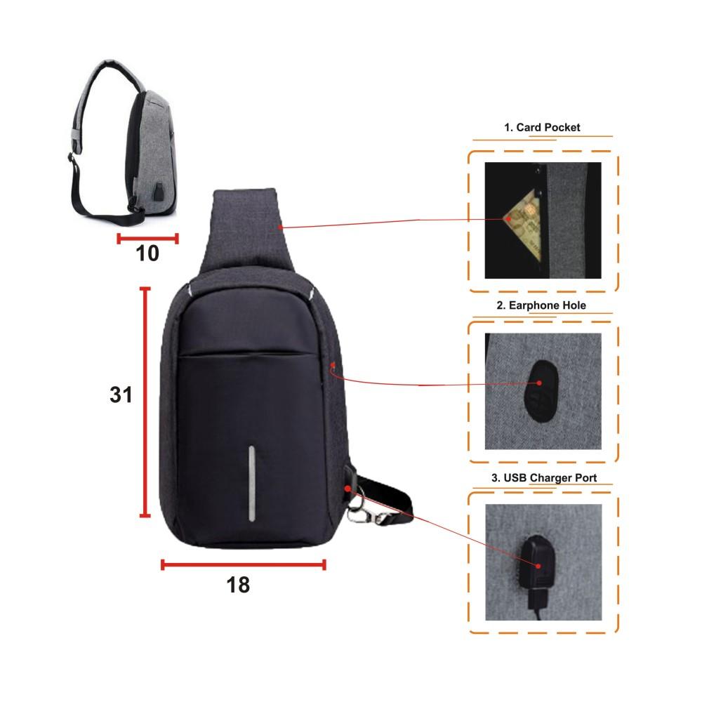 Tas Selempang Anti Maling dengan USB Charger Port  - abu2