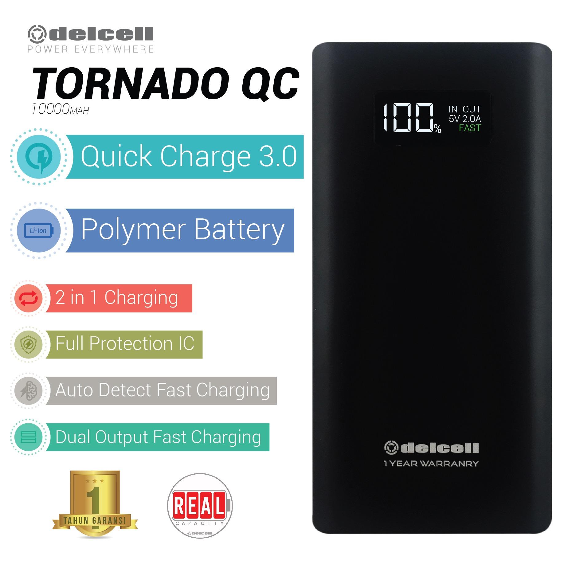 Delcell 10000mAh Powerbank TORNADO Support Quick Charge 3.0A Real Capacity Polymer Battery Slim Powerbank Garansi Resmi 1 Tahun Dual Output Power Bank Berkualitas - Black - Black