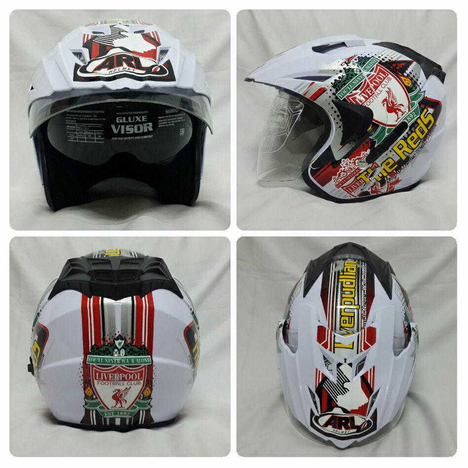 Helm ARL Club Bola Half Face Double Visor Liverpool Putih.