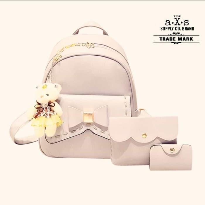Jual PROMO Grosir Tas Ransel Backpack Wanita Korea AXS Set 4in1 Murah 3 - Beige Promo