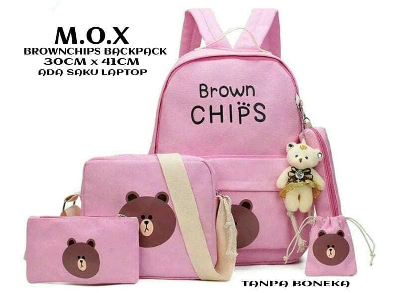 Jual PROMO Tas Ransel Punggung Sekolah Anak / Wanita Brown Chips 4in1 Pink Promo