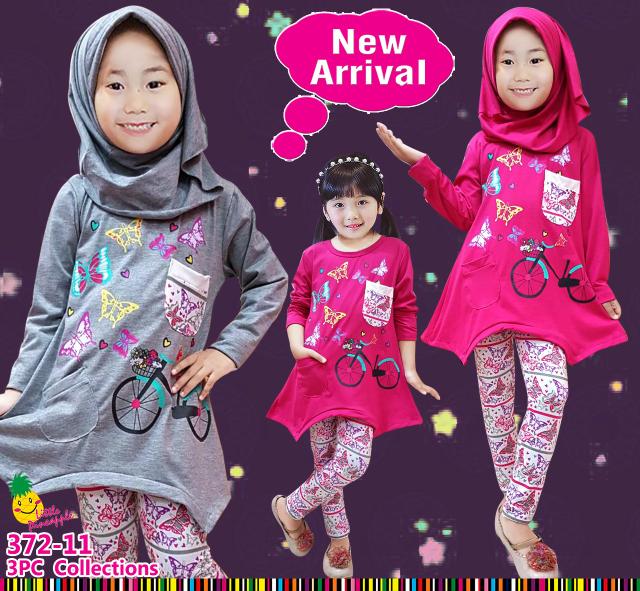 Baju Muslim Anak Perempuan Little Pineapple Butterfly Pink Abu Legging