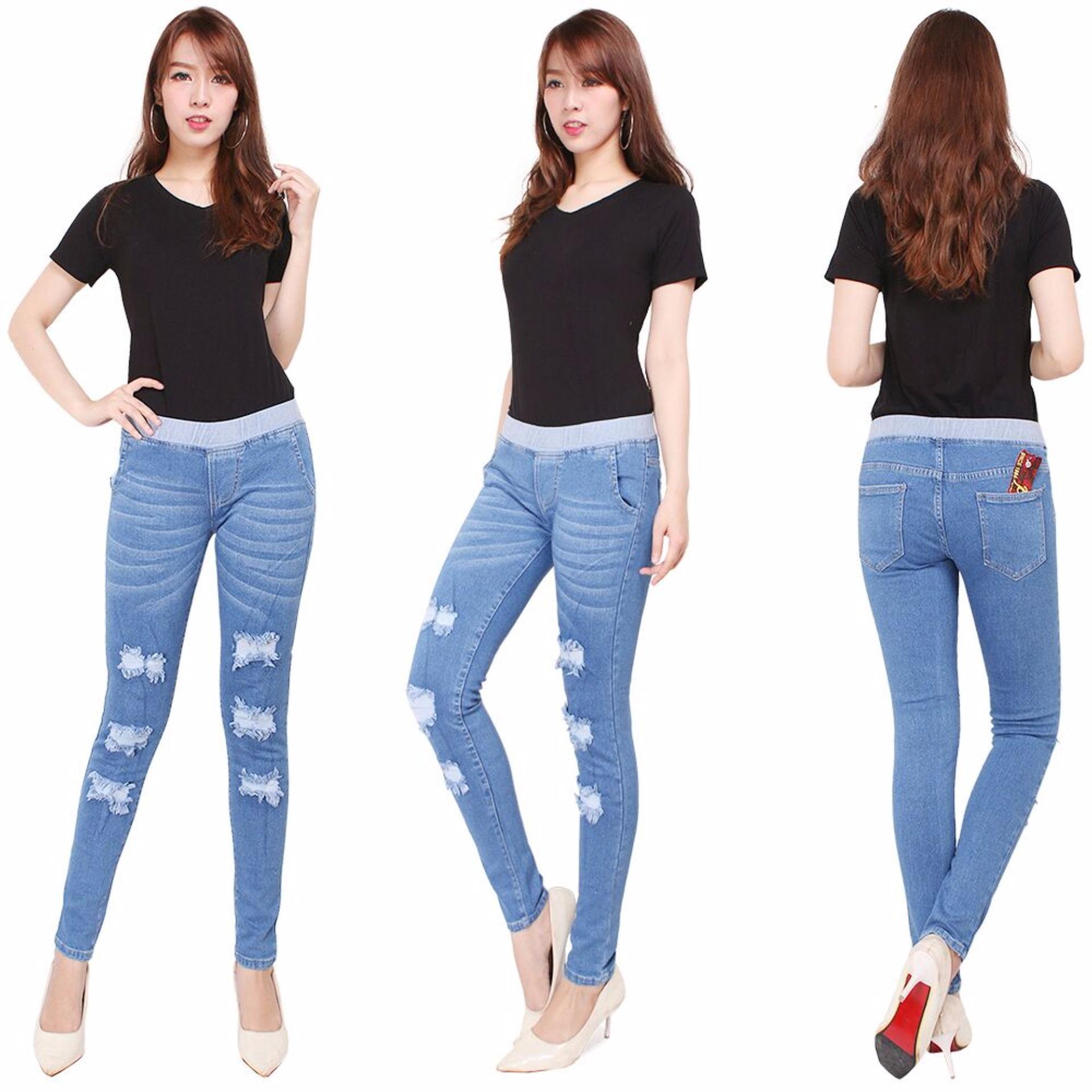 master jeans celana jeans  wanita sobek puring karet pinggang terbaru