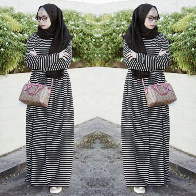 DAMAI FASHION JAKARTA - baju gamis muslim wanita Athina stripe - (tanpa hijab) konveksi tanah Abang