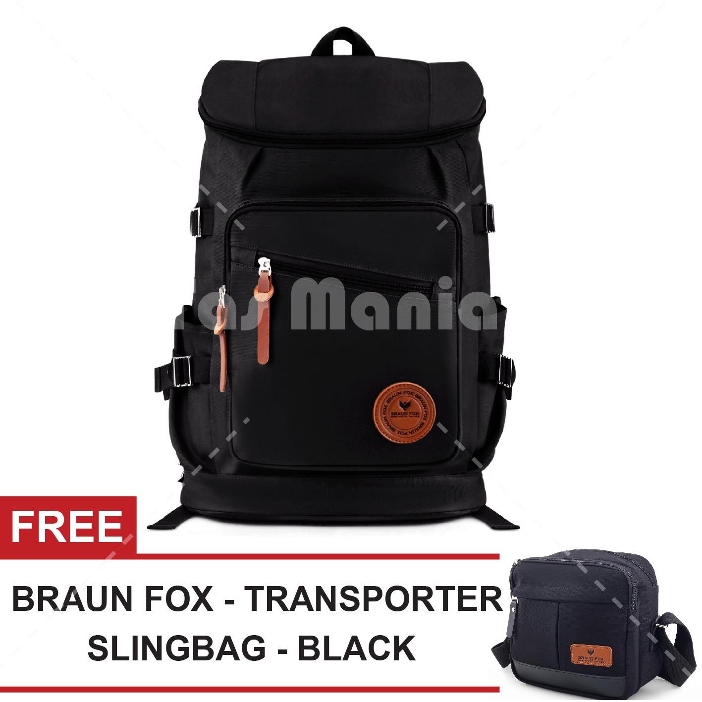 Tas Ransel Braun Fox Shimon Travel Tas Laptop Backpack Outdoor Man Canvas Large Backpacker Man - Hitam + FREE Tas Selempang Air Force Slingbag - Black Tas Pria Tas Messenger Tas Slempang Crossbody Man Tas Fashion Pria