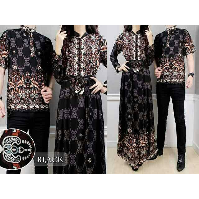 Baju Pasanga. Sarimbit Gamis Couple Alya Hitam Batik Harga Sepasang