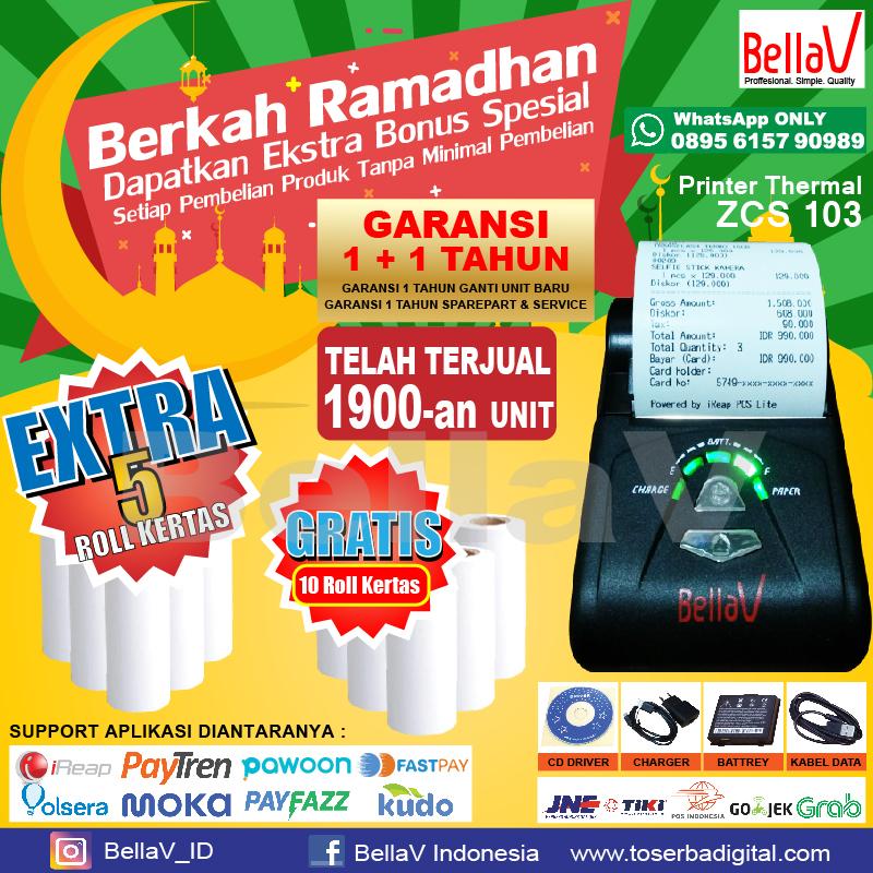 Printer Bluetooth Thermal bellav ZCS 05 + 10 Roll kertas
