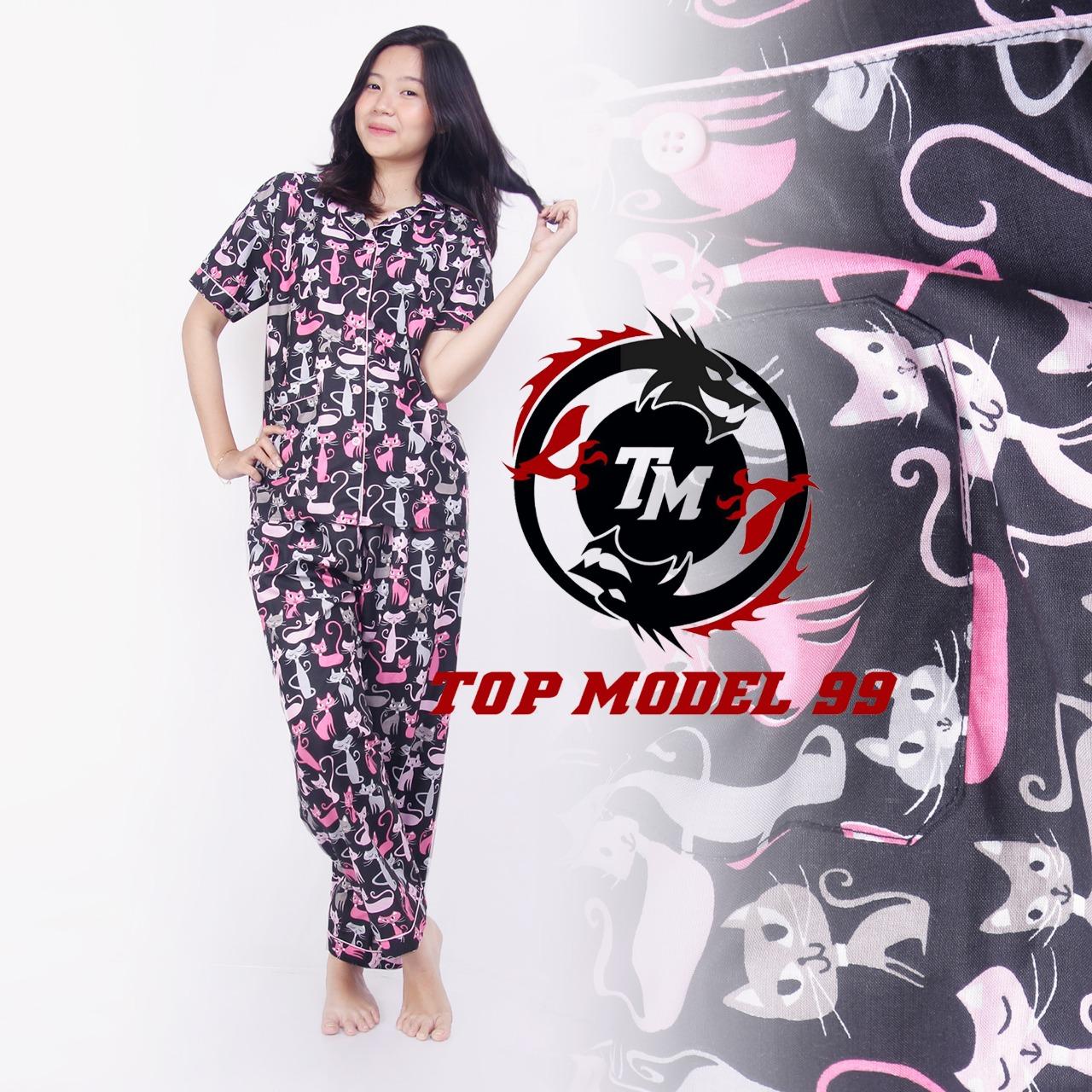 Piyama Baju Tidur Dewasa Katun Jepang Motif Kucing hitam/CP