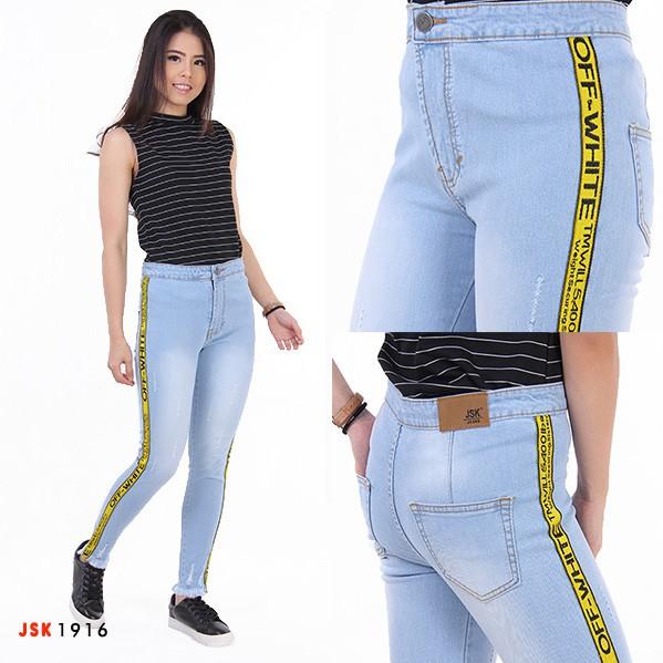 Celana Panjang Highwaist Skinny Jeans Lis Pita Aqua Blue JUMBO BIG SIZE JSK Jeans