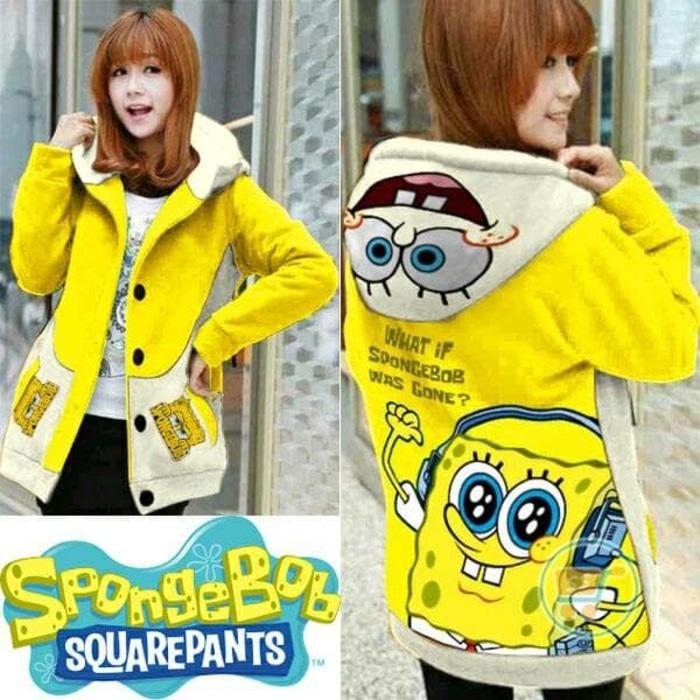 JAKET SWEATER HOODIE OUTER SPONGEBOB PRIA WANITA PANJANG UNIK MURAH