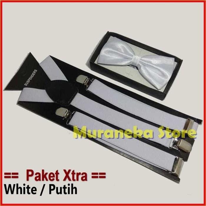 Paket XTRA Putih Dasi Kupu Bretel Suspender Baju Dewasa Polos Bowtie Tali Jojon Murah Pria Wanita Pesta Aksesoris Wisuda Pengantin Wedding Bridesmaid Promnight Prom MC Necktie Tuxedo Groomsman Nikah Brides Prewed