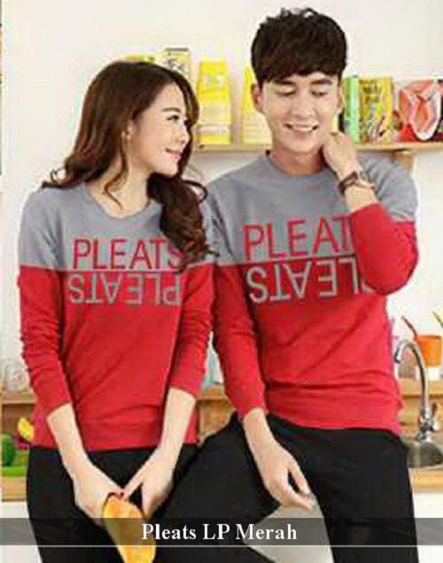 LenganPanjang Kaos Lengan Panjang Couple Busana Pasangan Keren Pleats Merah