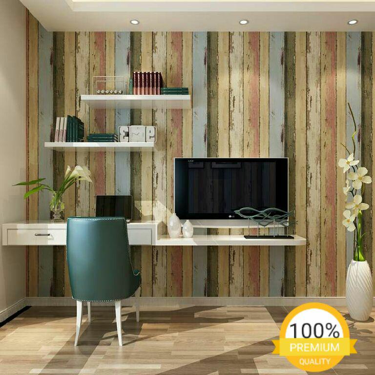 Wallpaper sticker dinding termurah ruangan kamar tidur papan kayu biru kream merah vintage terbagus