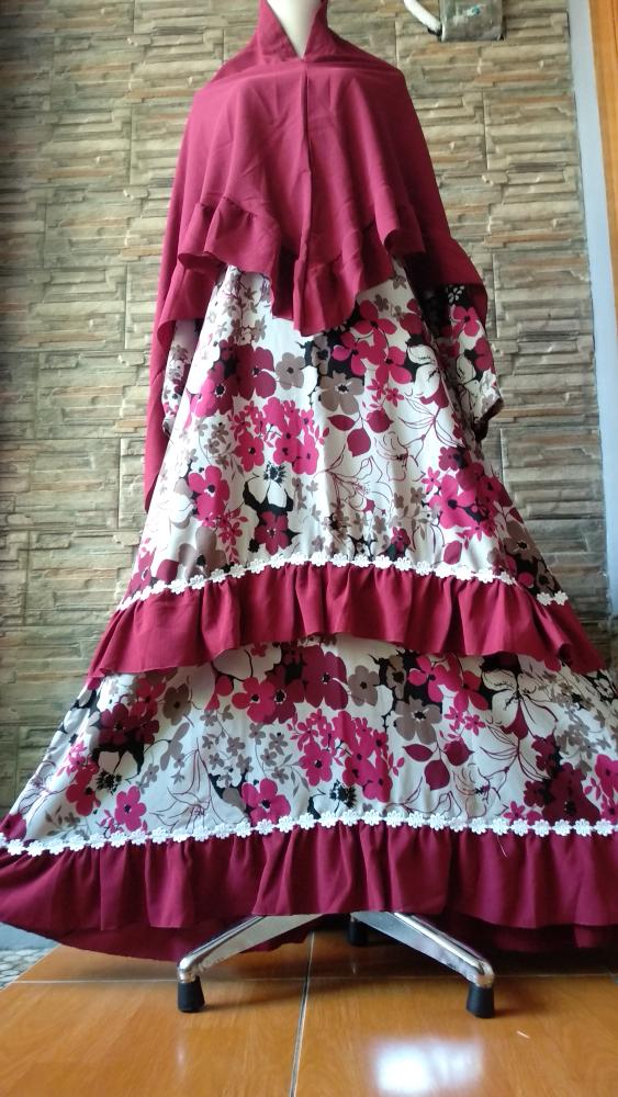 Set Syari/Gamis/Gamis Mewah/Gamis Pesta/Baju Muslimah Flower - Merah Marun