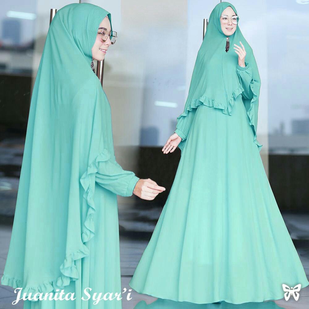 LFS BARU Setelan Gamis Wanita Elvi Free Bergo / Baju Lebaran / Gamis Wanita / Gaun Gamis / Jumpsuit Muslim / Baju Syari Syar'i 2 in 1 SS (anitaju) - Hijau Mint Tosca