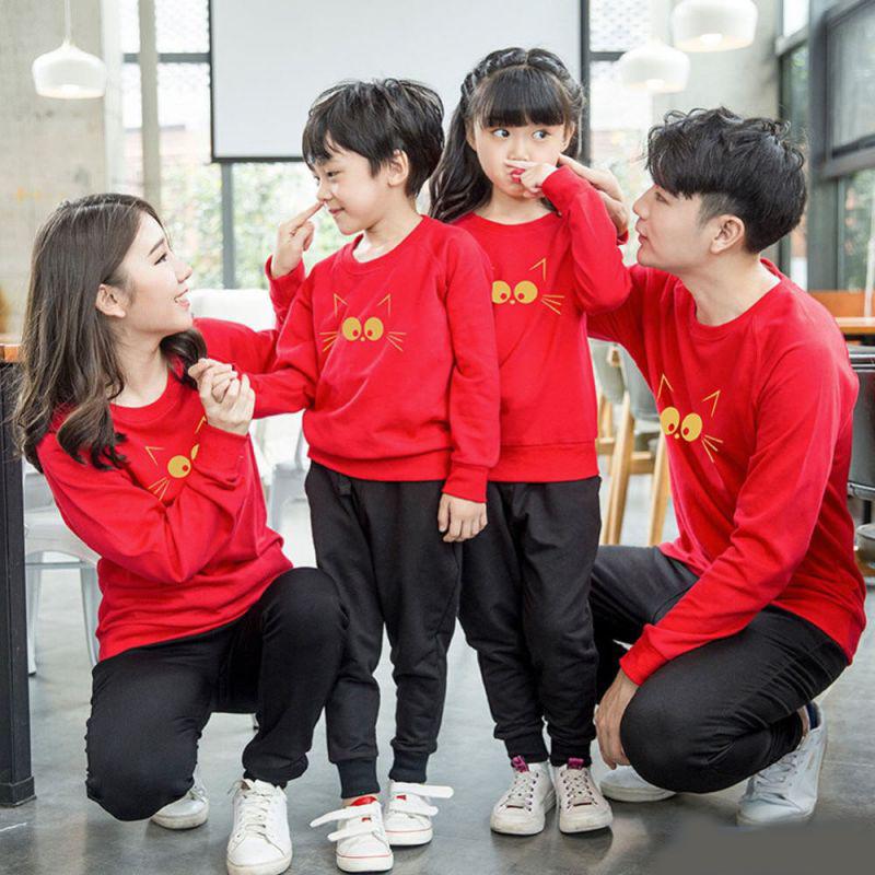 Hoodie Baju Family Couple Kaos Pasangan Keluarga Kopel Kapel Lengan panjang 2 Anak Cat Merah
