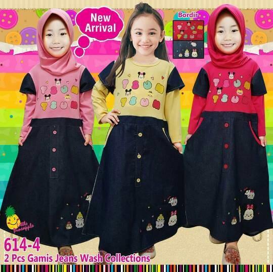 Baju Muslim Gamis Anak Perempuan Little Pineapple Kaos Jeans Tsum Tsum