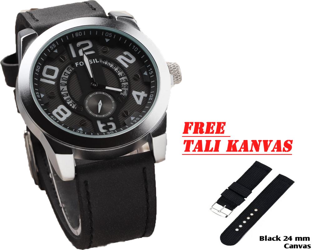FOSIL-Jam Tangan Pria Fashion Leather Strap Tanggal Aktif Detik Bawah Bonus Tali Kanvas