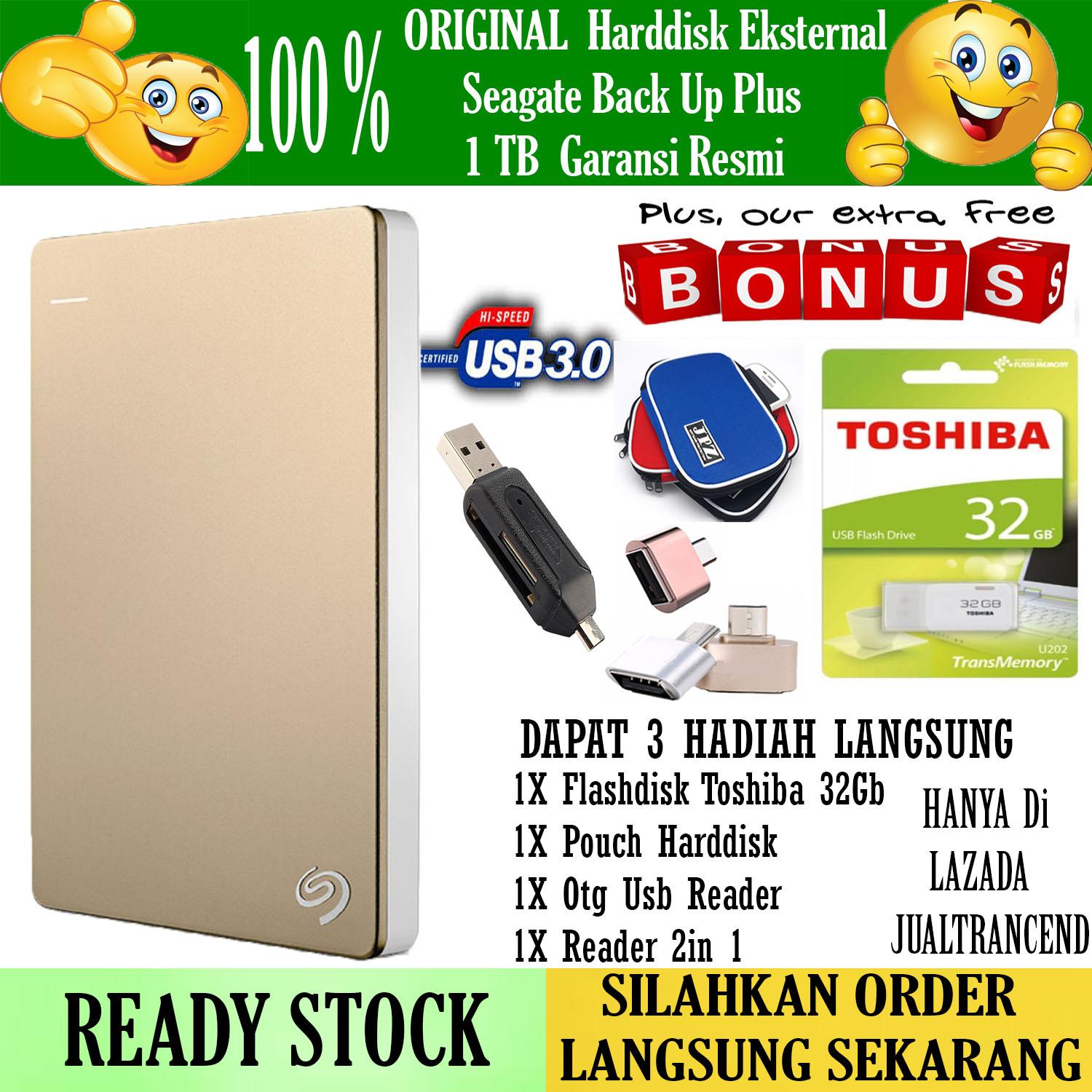 Seagate Backup Plus Slim 1TB - HDD - HD - Hardisk External 2.5 - Gold + Gratis Flashdisk 32Gb Toshiba + Pouch Harddisk + Otg Mini + Reader 2in 1