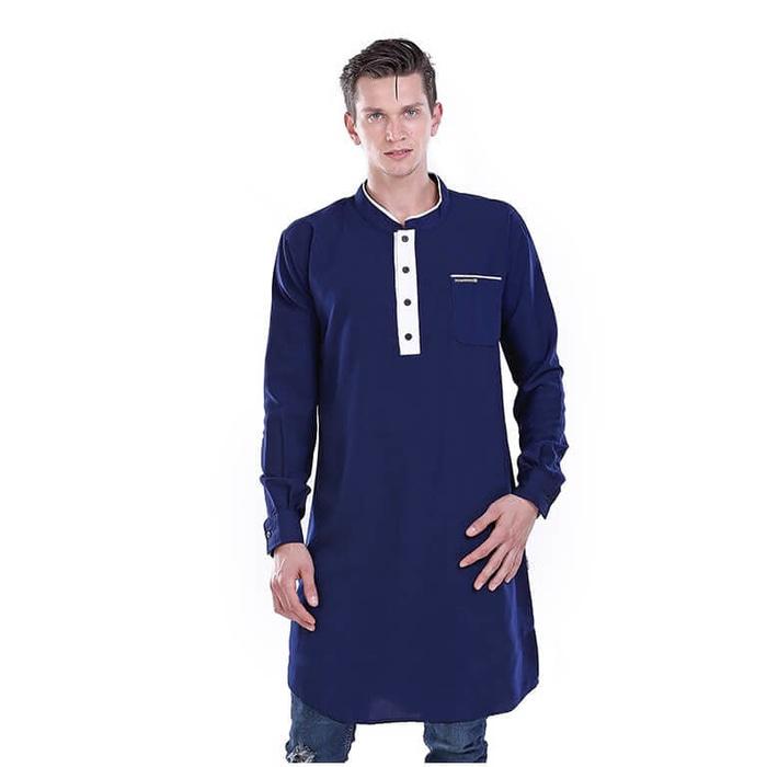 Baju Koko Pria Gamis Muslim Kurta Cowok Katun Biru Original - Biru, M