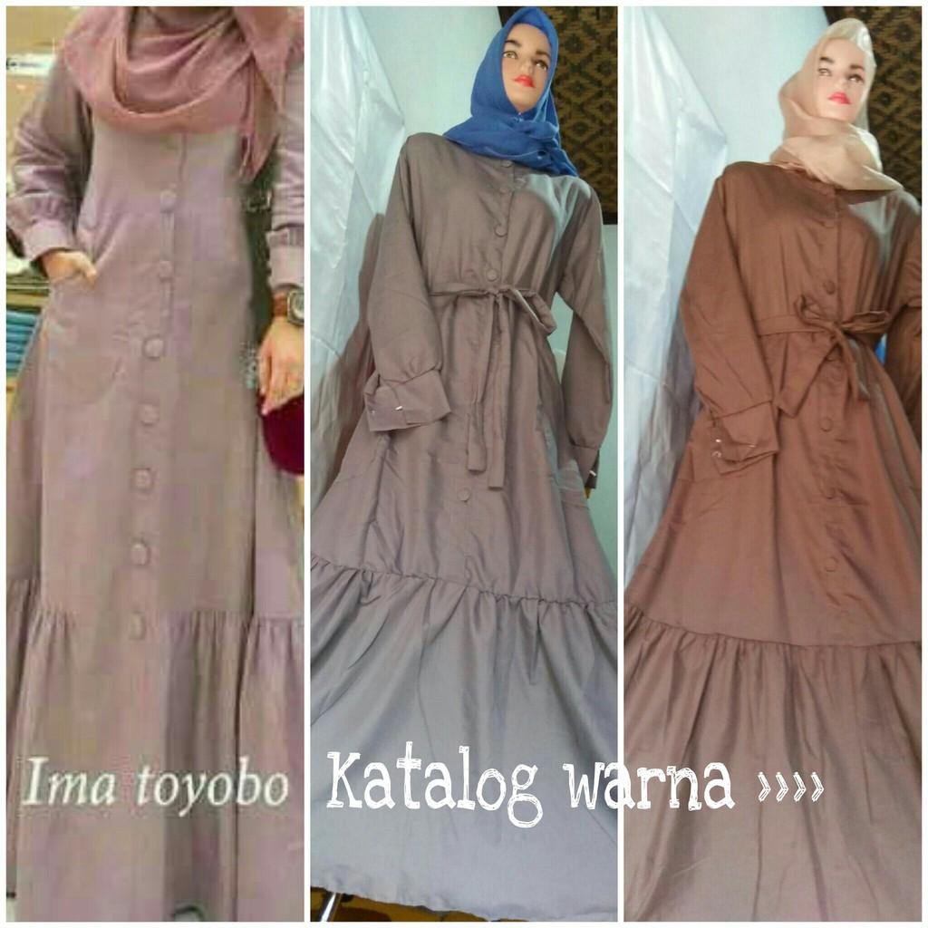 Gamis katun ima Toyobo WL katun jepang original polos maxidress dress syari gamis kancing serut grey A