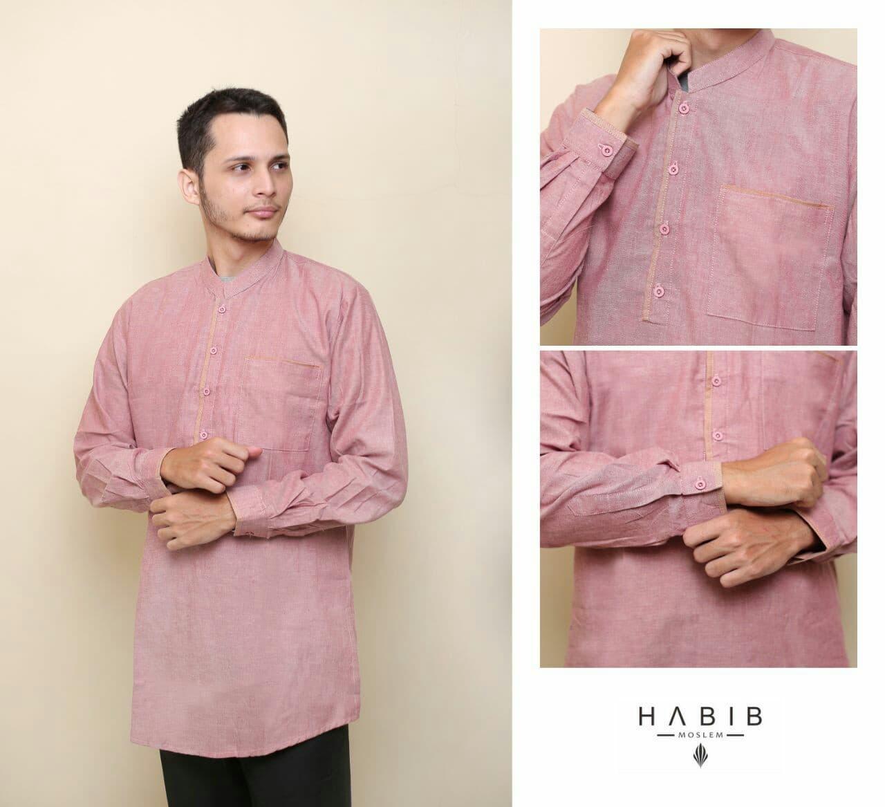 Baju Pria Kemeja Baju Koko Gaul Qurta List Habib Panjang Merah Muda