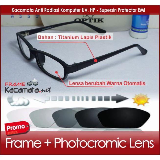 Frame Kacamata Minus - Lensa Photocromic Berubah Warna Otomatis Photogrey - Hitam Pria Wanita Kotak